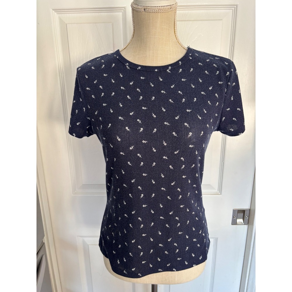 J For Justify Floral T-Shirt Large Navy Blue Ditsy Print Ribbed Knit Crew Neck